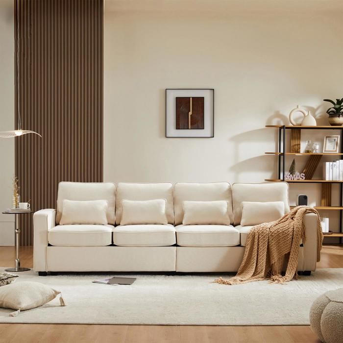Canapé, tapissé en tissu de lin, 4 places, avec accoudoirs et 4 coussins, style minimaliste, beige