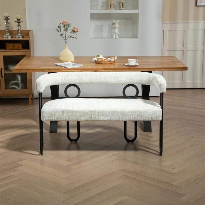 Canapé double, dossier rond, tissu chenille, pieds en métal, forme unique, beige