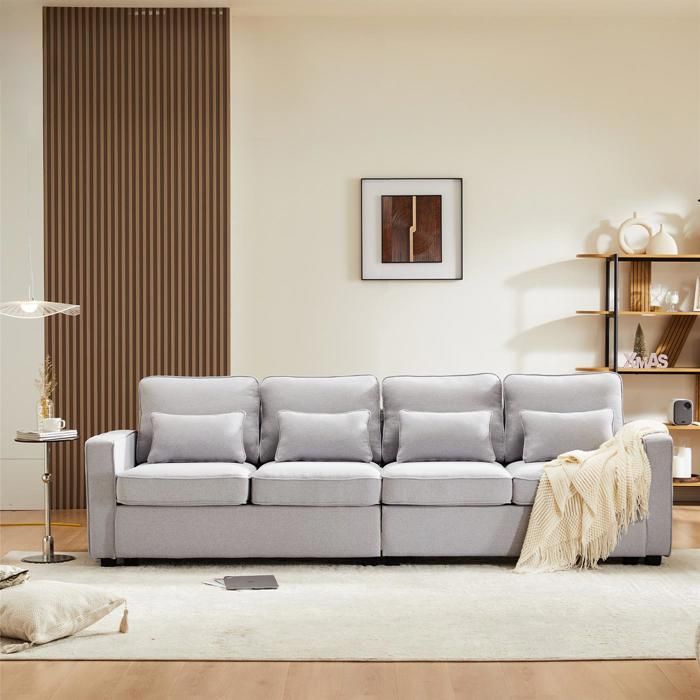 Canapé 4 places en tissu lin, avec accoudoirs et 4 coussins, style minimaliste, gris