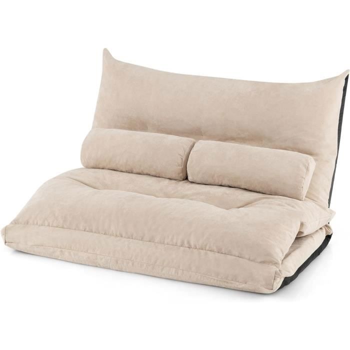 GOPLUS Fauteuil de Sol Convertible 2 Places 180 x110 cm, Pliable avec Dossier Réglable sur 42 Positions, 2 Coussins Lombaires,