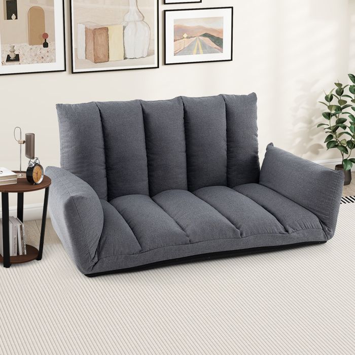 GOPLUS Canapé de Sol Convertible 2 Places avec Dossier et Accoudoirs Réglables à 5 Positions-Canapé-lit Rembourré Pliable Gris
