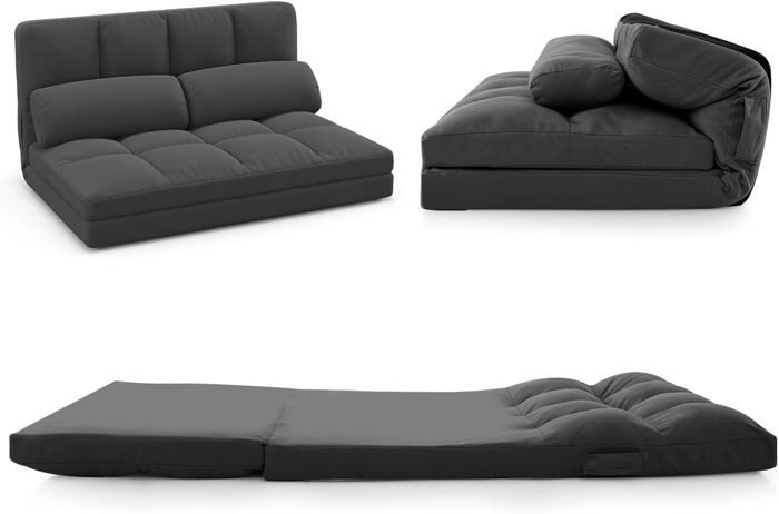 GOPLUS Canapé-Lit Convertible-Dossier Réglable 6 Positions Charge 90KG-Canapé Pliable 2 Coussins Amovibles-Housse en Velours Noir