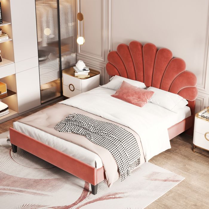 EIFSON Lit Rembourré en velours - Lit adulte scandinave - Tête de lit en forme de fleur - 140×200cm - Rouge