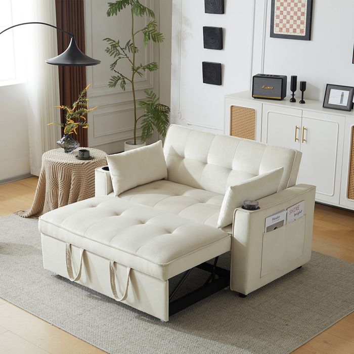 Canapé droit 2 places Pliable avec porte-boisson et 2 coussins Fonction de couchage Velours Beige
