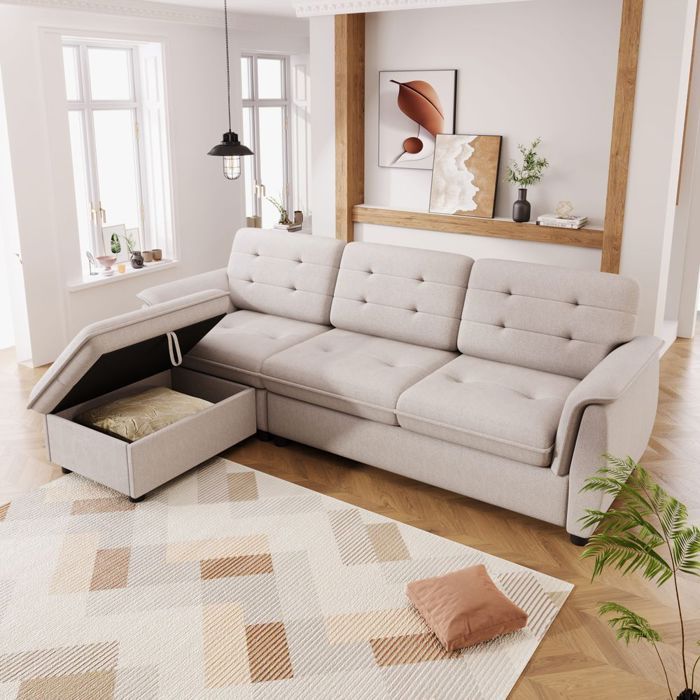 Canapé angle en forme de L 3 places avec repose-pieds avec rangement ottoman Mousse Beige