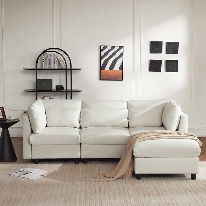 Canapé angle avec repose-pieds trois places en forme de L Meubles rembourrés de salon Beige