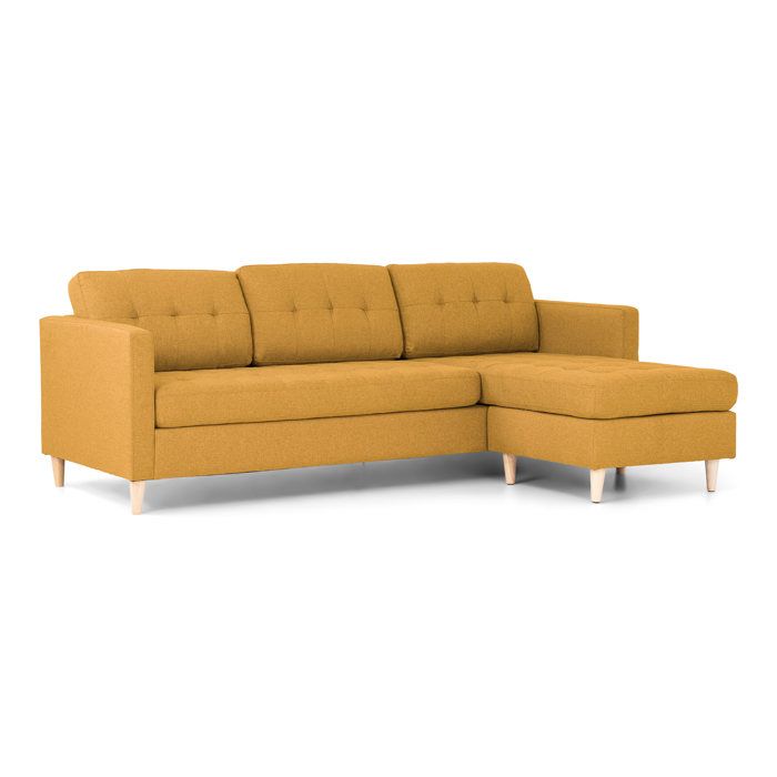 Marino Sofa, Canapé avec chaise longue réversible à droite ou à gauche, en tissu jaune curry avec pieds en bois.