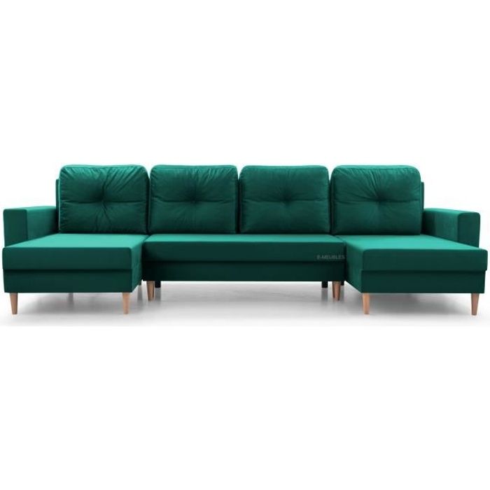 Grand canapé d'angle XXL en U panoramique convertible avec coffre 6-7 places en tissu salon 300x137x84cm CARL U Mer verte