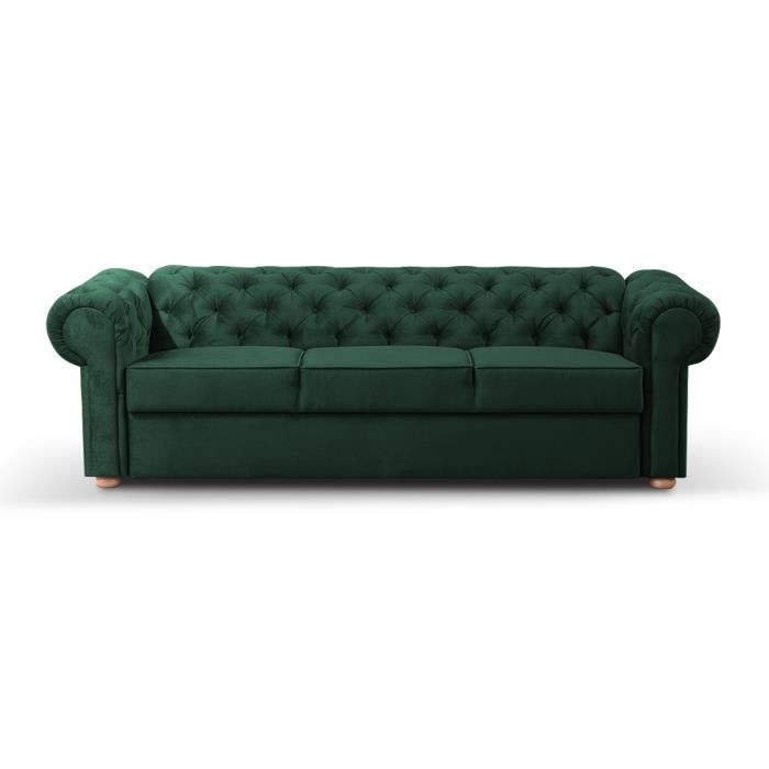 Canapé en lit Convertible Chesterfield 3 Places Relax Droit - en Tissu (Velours), Pieds en Bois - Salon & séjour - Avia (Vert Boute
