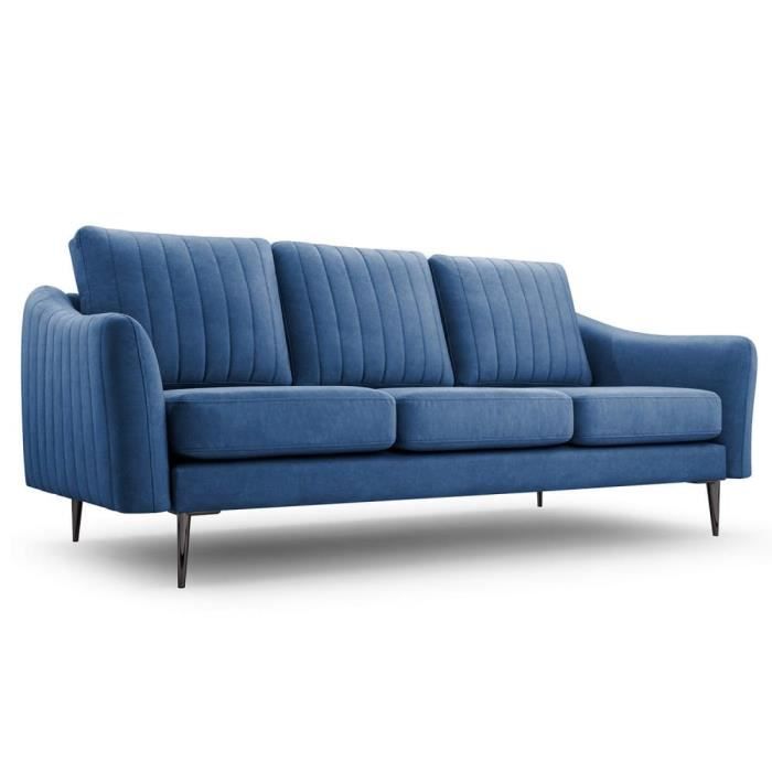 Canapé droit fixe 3 places en tissu avec pieds en métal 206x90x90 cm - Sofa ROCAN III (Bleu foncé - Cloud 74)