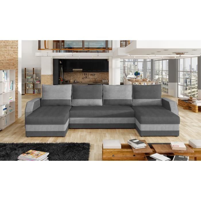 Canapé d'angle panoramique en U - convertible et réversible droit/gauche - tissu et simili cuir Gris+Gris foncé MIRIAN