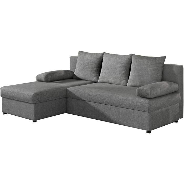 Canapé d'angle réversible et convertible avec coffre de rangement - 4 places - Tissu gris et simili-ARON Gris