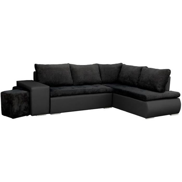Canapé d'angle Convertibles avec Deux poufs Tissu + Simili Cuir BELGRAD (Noir, Canapé d'angle Droit)