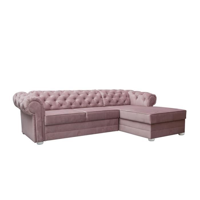 Canapé d'angle convertible en lit 4/5 Places Style Chesterfield en Tissu (velours) AVIA (Rose, Canapé d'angle droit)