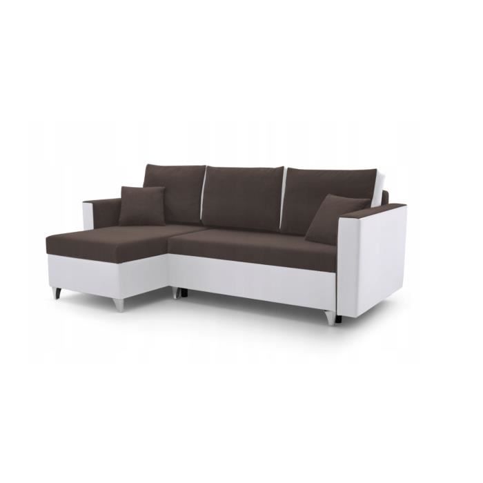 Canapé d'angle avec fonction sommeil, pouf universel, canapé-lit - GREG (Marron + Blanc - DOT 28 + Soft 17)