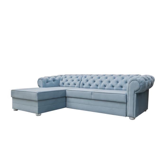 Canapé d'angle 4/5 Places Style Chesterfield en Tissu (Velours) Avia (Bleu Clair, Canapé d'angle Gauche)