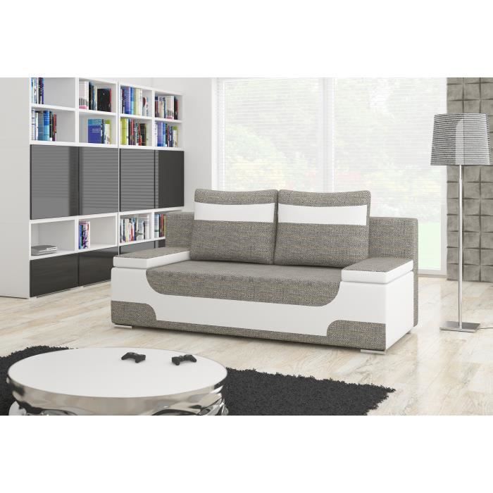 Canapé convertible en tissu 3 places droit ANDREA- Gris Clair+ Blanc