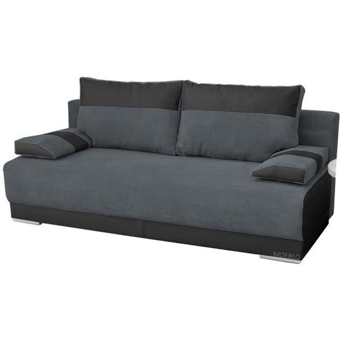 Canapé Convertible 3 Places Tissu + Simili Cuir Nisa (Noir + Gris fonce)
