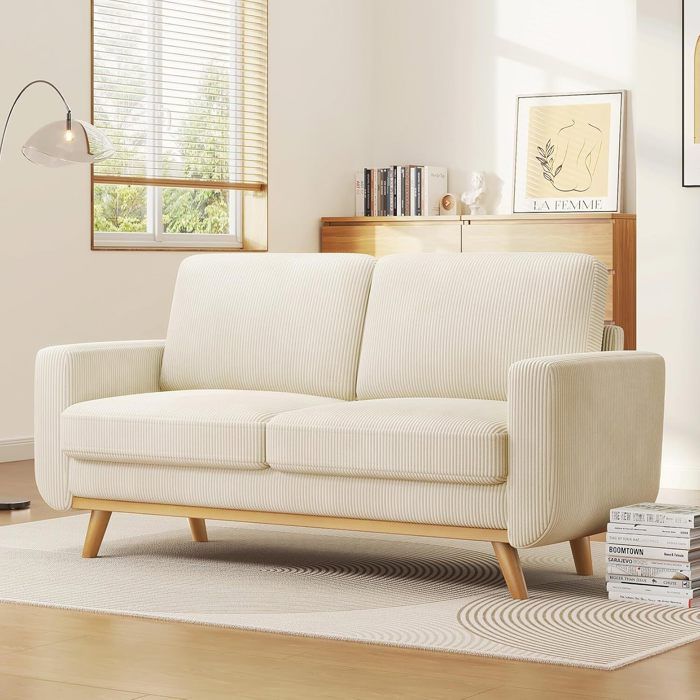 Grand Canapé 2 Places en Velours Côtelé Beige,Canapé Scandinave pour Salon Chambre Bureau，Pieds Bois Massif，172x76x88cm