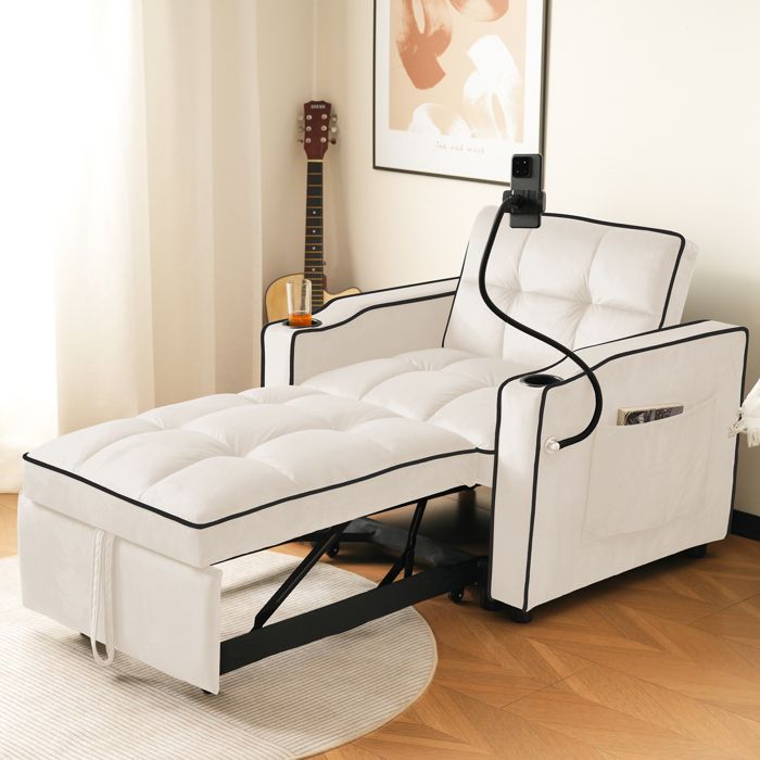 Fauteuil Canapé-lit simple convertible 3 en 1 - avec porte-boissons et porte-téléphone portable - Canapé 1 Place - Pliante Beige