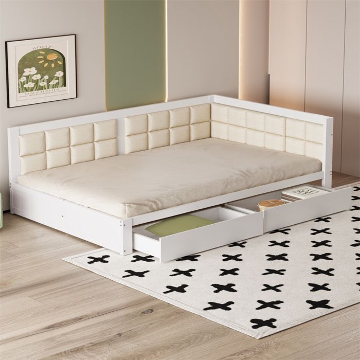 Lit double en bois 140x200cm avec tiroirs de rangement,Canapé-lit forme de dossier souple,Blanc