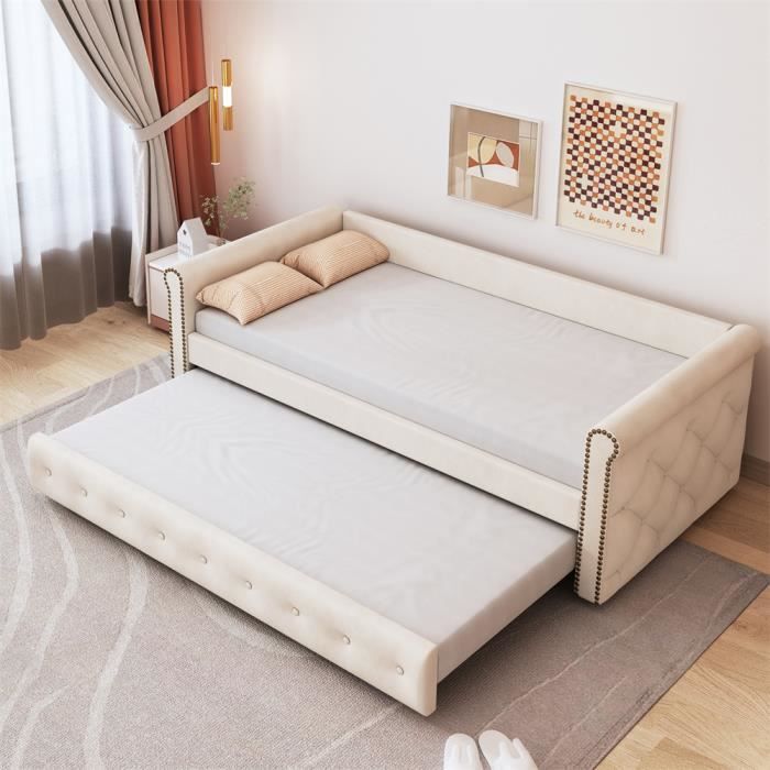 Canapé-lit extensible 90x200cm,Lit rembourré multifonctionnel tissu en lin,Beige