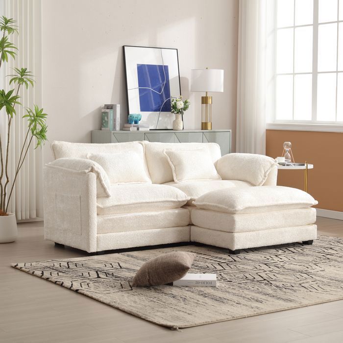 Canapé d'angle réversible 2/3 places en tissu chenille,Canapé avec coussins,repose-pieds pour salon,chambre à coucher,Beige