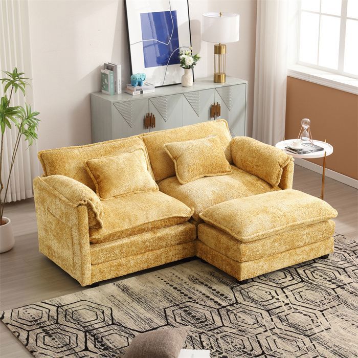 Canapé d'angle réversible  2/3 places en tissu chenille,Canapé avec coussins,repose-pieds pour salon,chambre à coucher,Jaune