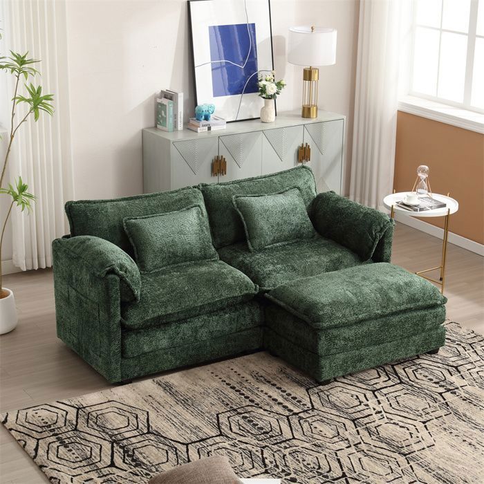 Canapé d'angle réversible  2/3 places en tissu chenille,Canapé avec coussins,repose-pieds pour salon,chambre à coucher,Vert