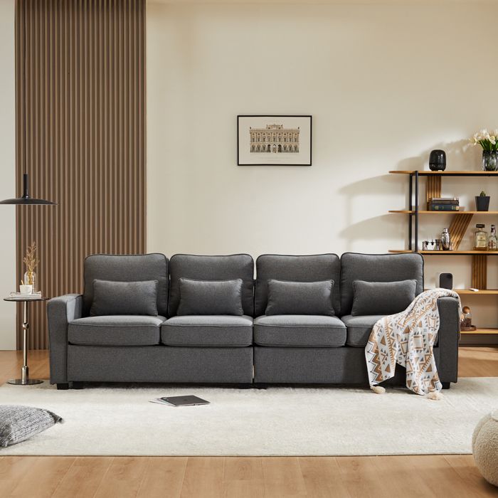 Canapé 4 places moderne en tissu de lin,Canapé avec 4 coussins et poches accoudoirs pour le salon,Gris