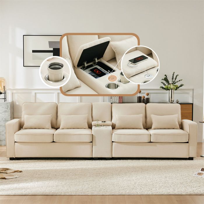 Canapé 4 places moderne en tissu de lin avec porte-boissons,Canapé fixe avec 4 coussins pour salon,bureau,Beige