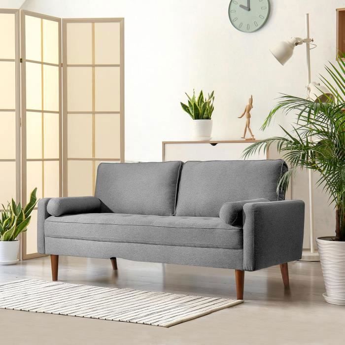 Canapé 3 Places Velours-Fauteuil Moderne Style Contemporain en Tissu Gris avec 2 Coussins - Pieds Bois Massif - 77x173x84cm