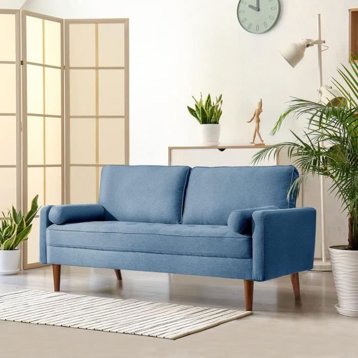 Canapé 3 Places Style Contemporain en Tissu Bleu avec 2 coussins ,pieds bois massif ,Fauteuil Moderne 77x173x84cm