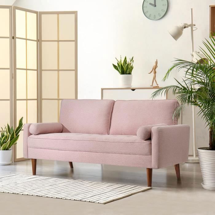 Canapé 3 Places Style Contemporain en Tissu Rose avec 2 coussins ,pieds bois massif ,Fauteuil Moderne 77x173x84cm