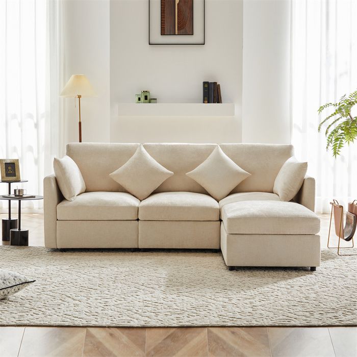 Canapé 3 places en tissu Chenille,Canapé d'angle en forme de L avec coussins et repose-pieds,Beige