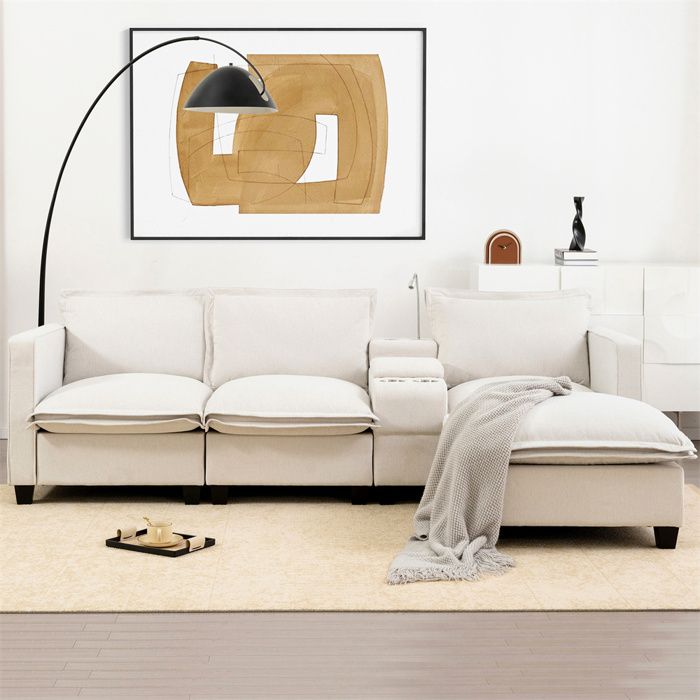 Canapé Modulable 3 Places en Chenille avec pouf,Canapé D'angle avec prise de charge USB,lampe de lecture,porte-boisson,Beige