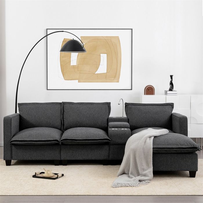 Canapé Modulable 3 Places en Chenille avec pouf,Canapé D'angle avec prise de charge USB,lampe de lecture,porte-boisson,Gris