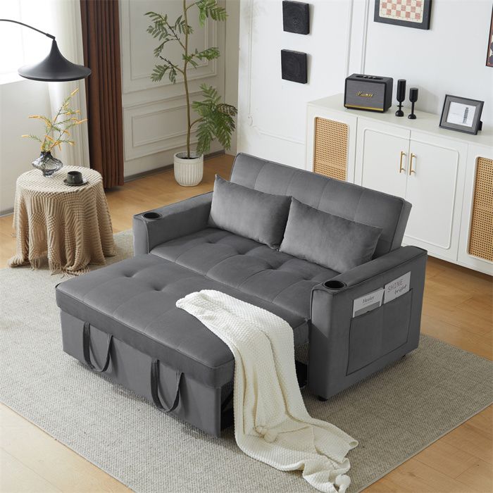 Canapé-lit pliable,canapé 2 places multifonctionnel avec fonction de couchage,canapé-lit avec porte-boisson et coussin,Gris
