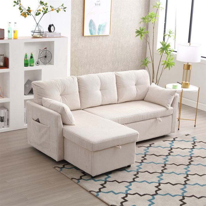 Canapé-lit multifonctionnel avec coffre de rangement,Canapé d'angle convertible Moderne,3 places,Beige