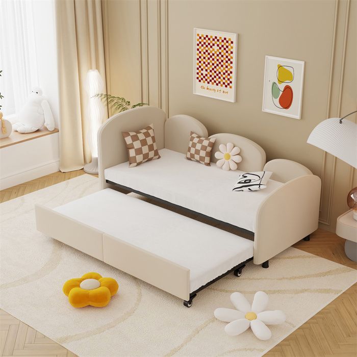Canapé-Lit extensible 90x200cm avec sommiers,Lit rembourré Moderne en velours avec lit gigogne pour le salon,chambre,Beige