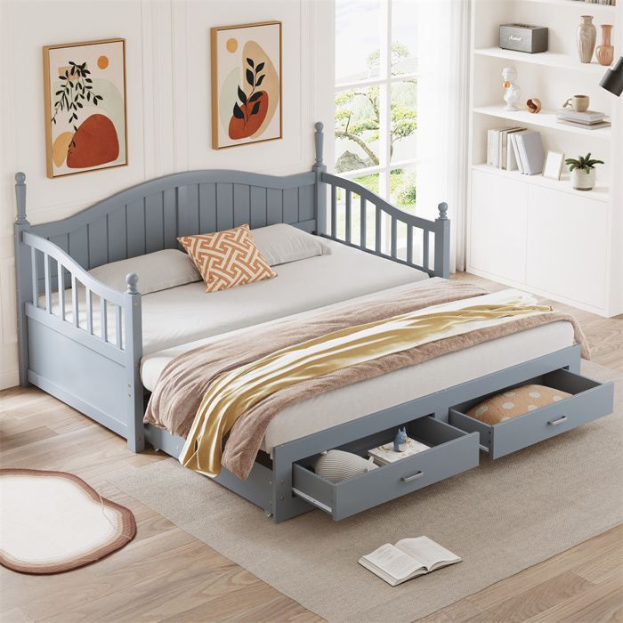 Canapé-lit convertible en bois massif 90/180*190cm,Lit maison avec colonnes romaines et tiroirs,barrières incurvés,Gris