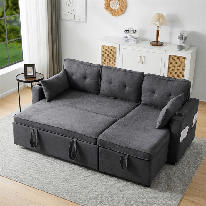Canapé Lit Convertible 3 places,Canapé en forme de L avec espace de rangement,porte-boisson,Canapé moderne pour salon,Gris