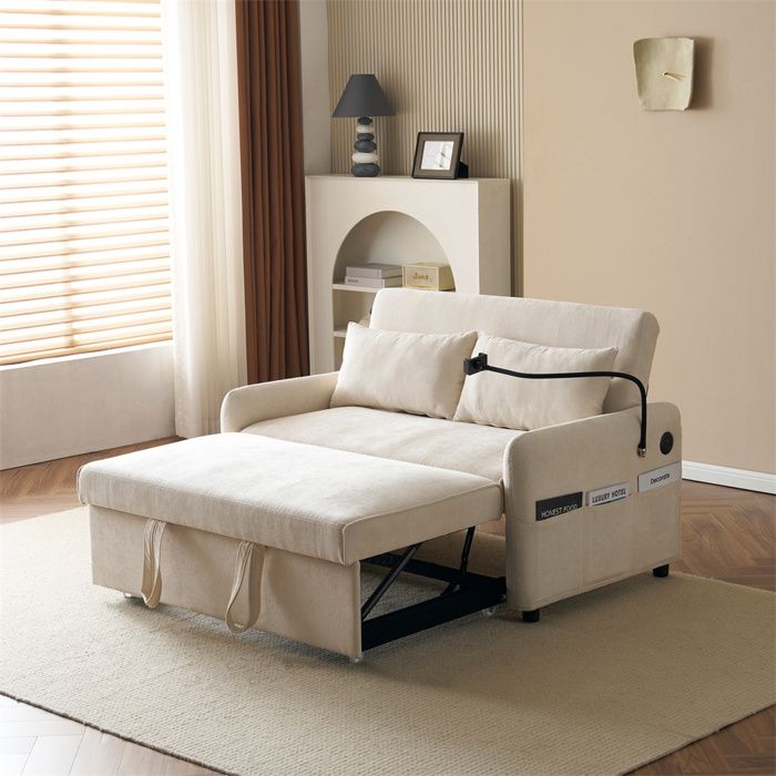 Canapé-lit Convertible 2 Places,canapé moderne avec dossier réglable,support pour téléphone portable et prise USB,Beige