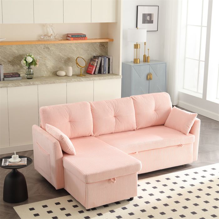 Canapé d'angle Moderne,Canapé-lit convertible avec coffre de rangement,3 places,Rose