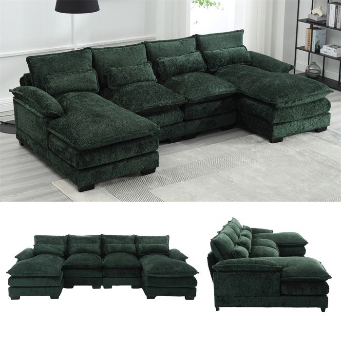 Canapé 4/5 Places en tissu Chenille,Canapé moderne en forme de U avec 4 coussins lombaires,design ergonomique,émeraude