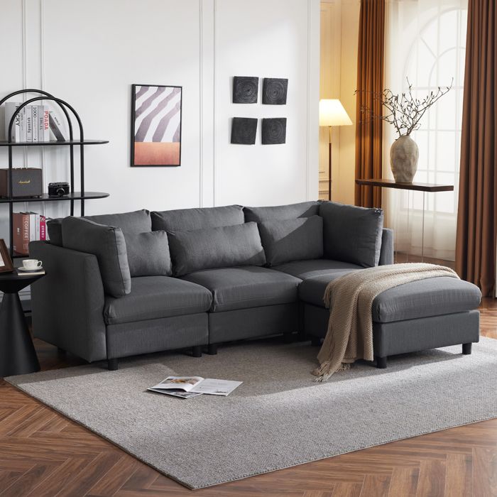 Canapé 3/4 places en forme de L,canapé d'angle pour salon,canapé de salon avec coussins,tissus en Lin,L 220cm,Gris