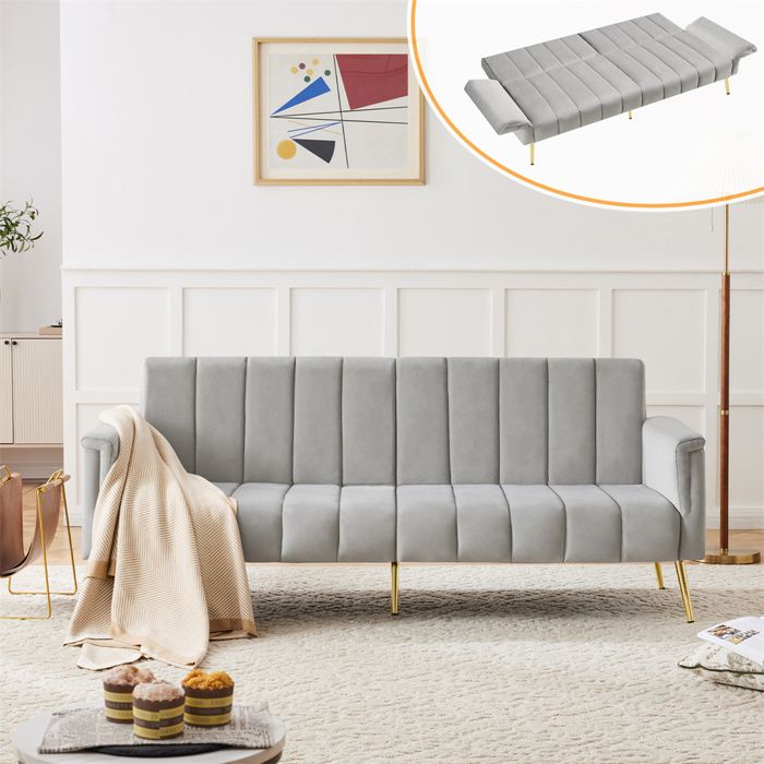 Canapé 3 Places Moderne en Velours Gris,Canapé-lit pliable,Canapé convertible avec pieds en métal pour salon,183×75×76cm