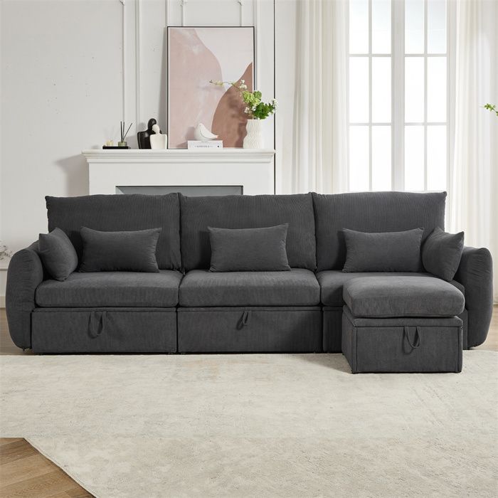 Canapé 3 places en forme de L avec espace de rangement,Canapé Moderne avec 5 coussins amovibles,300x90x96 cm,Gris