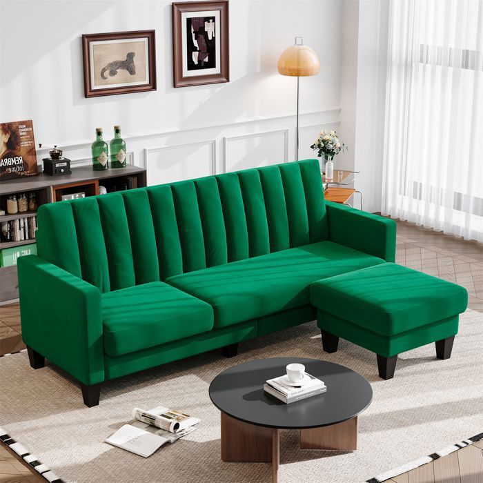 Canapé d'angle réversible 3 places en velours Vert,Canapé Moderne avec Ottoman Repose-Pieds amovible pour le salon,208cm×140cm×85cm