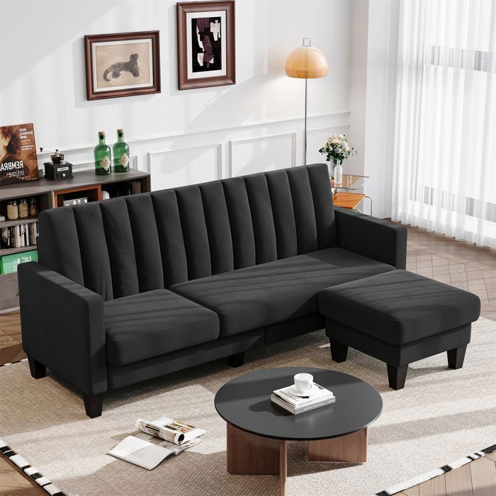 Canapé d'angle réversible 3 places en velours Noir,Canapé Scandinave avec Ottoman Repose-Pieds amovible pour le salon,208×140×85cm